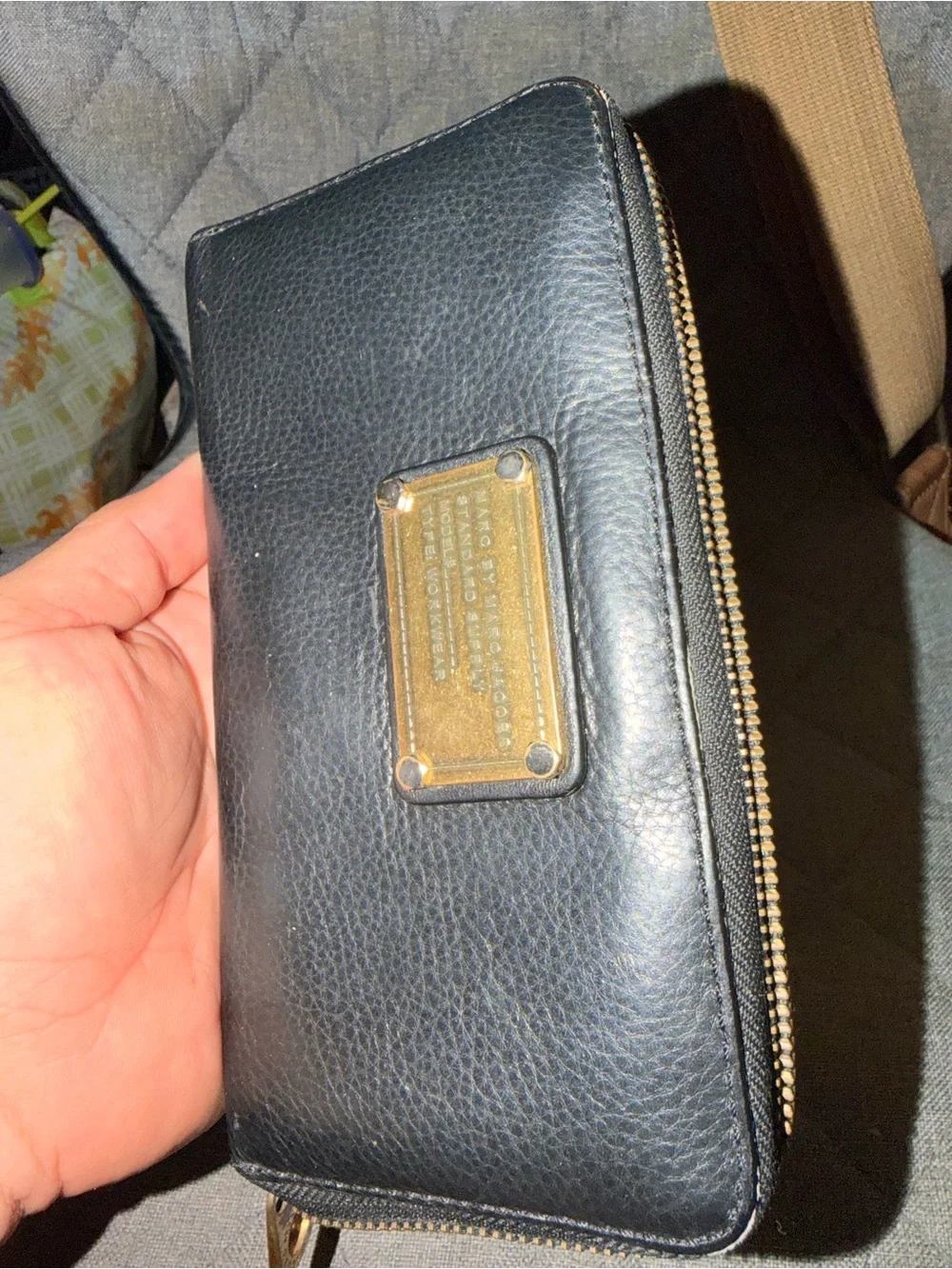 Marc by Marc Jacobs Black Pebbled Leather Zip Wallet with Gold Plaque